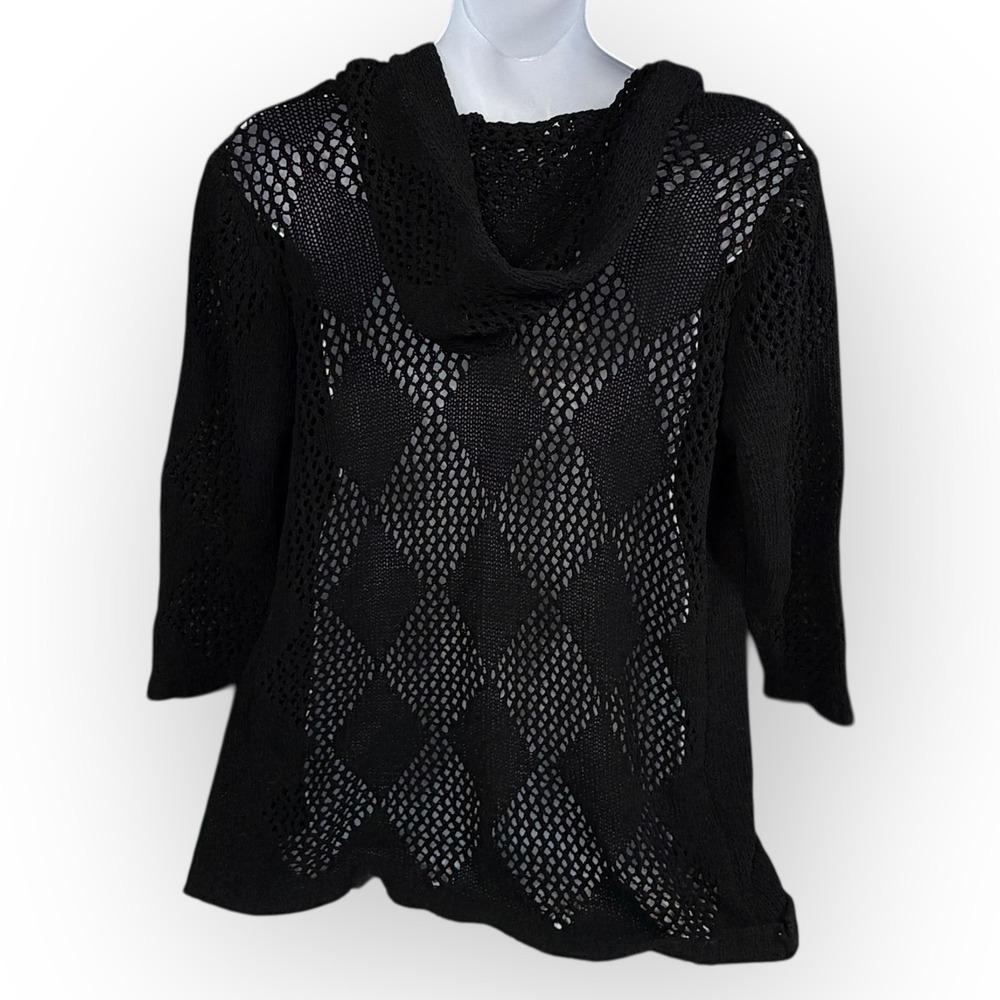 Nicole Miller Artelier Black Diamond Crochet Hooded Cardigan Sweater Plus 1X